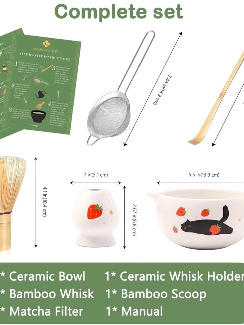 Cute Matcha Whisk Set with Cat and Strawberry Pattern Matt Matcha Bowl - Picture 4 of 10